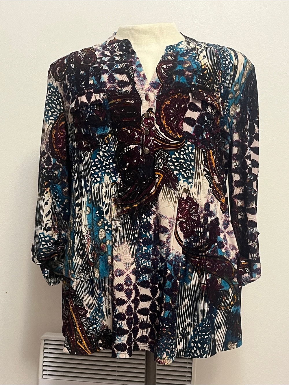 Cocomo Multicolor Abstract Paisley V-Neck Tunic — Teal, Plum, Black